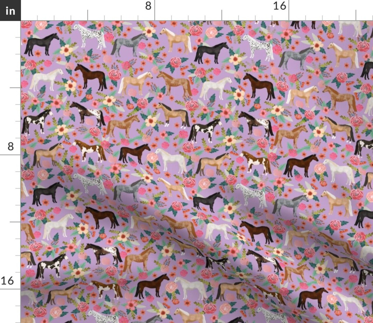 Horse Multi Floral Horses Purple Farm Animal Cowboy Pet Portrait Custom Printed Fabric by Spoonflower Various Fabrics by the Yard or Fat Quarter